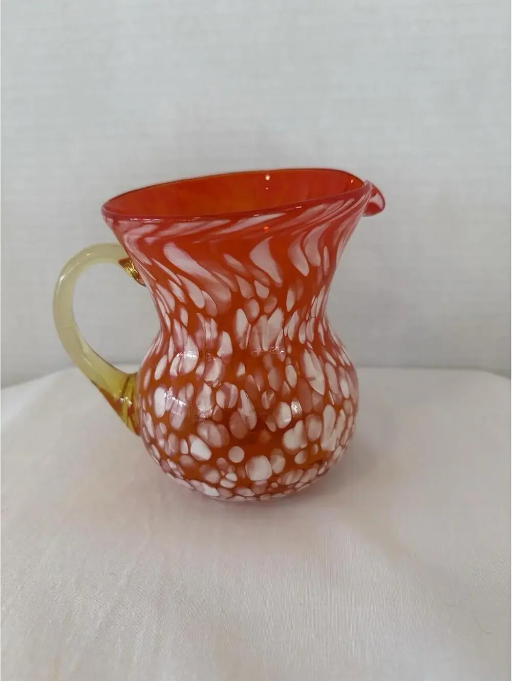 Vintage Hand Blown Rainbow Art Glass Pitcher Small Orange White & Yelllow